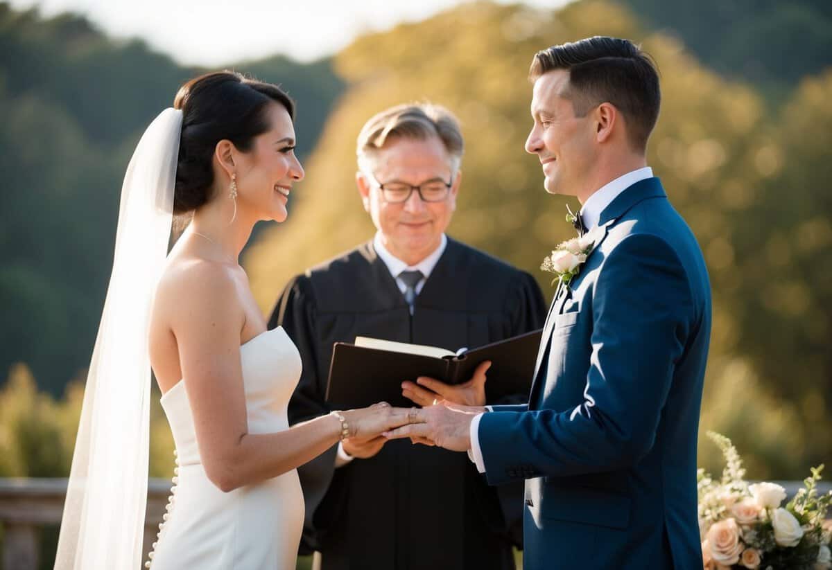 A couple stands before an officiant, exchanging vows. The officiant omits the word "obey" from the traditional wedding vows