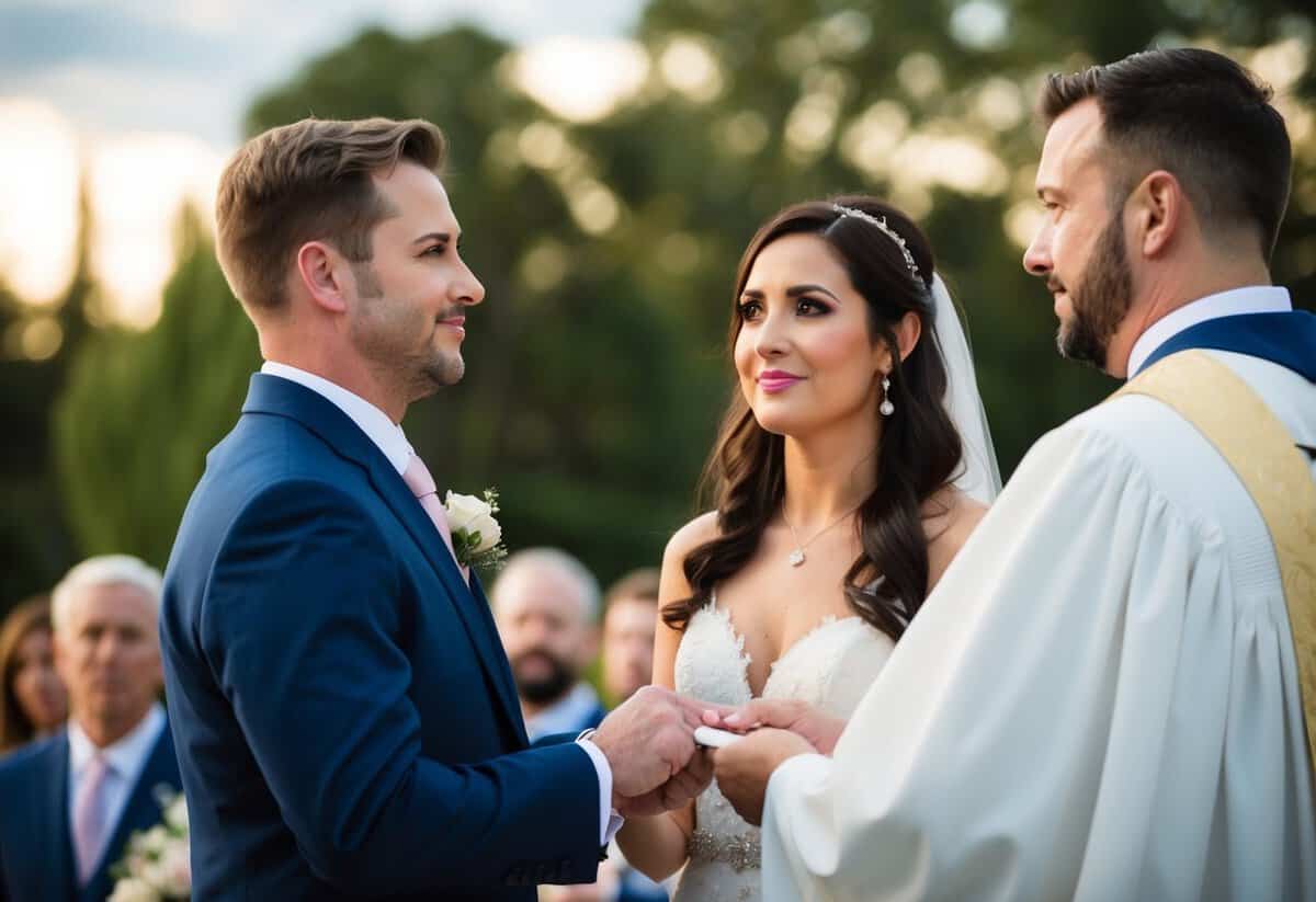 A bride and groom exchanging vows, the groom looking expectantly as the officiant hesitates before omitting the word "obey."