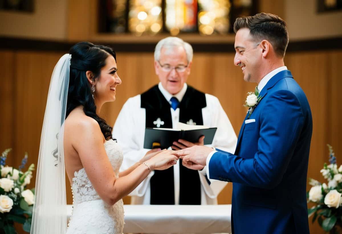 A bride and groom exchanging vows at an altar, with a celebrant officiating. The bride no longer includes the word "obey" in her vows
