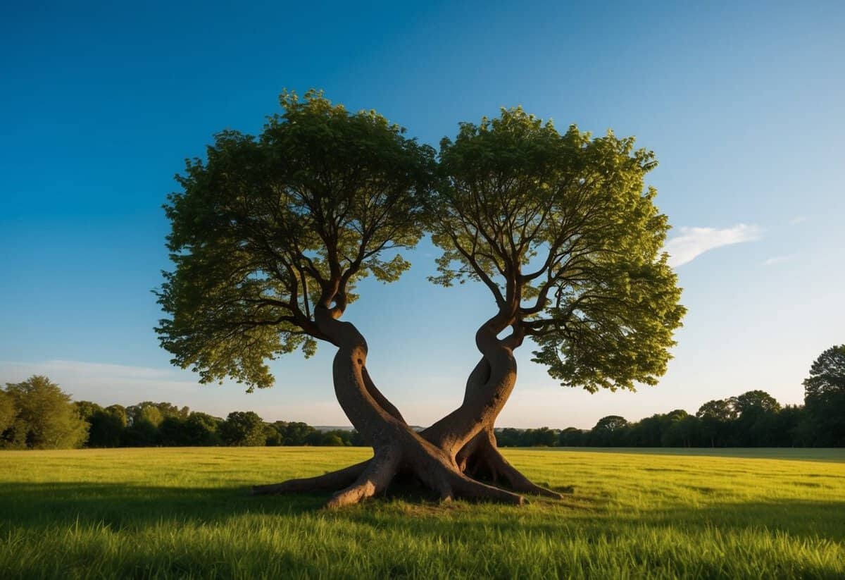 A serene outdoor setting with two intertwined trees, symbolizing unity, under a clear blue sky with a gentle breeze