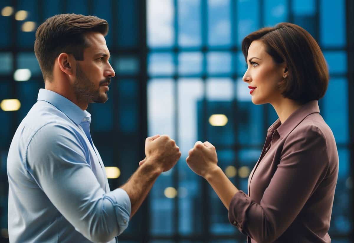 A man and a woman stand facing each other, both with determined expressions, as they engage in a debate