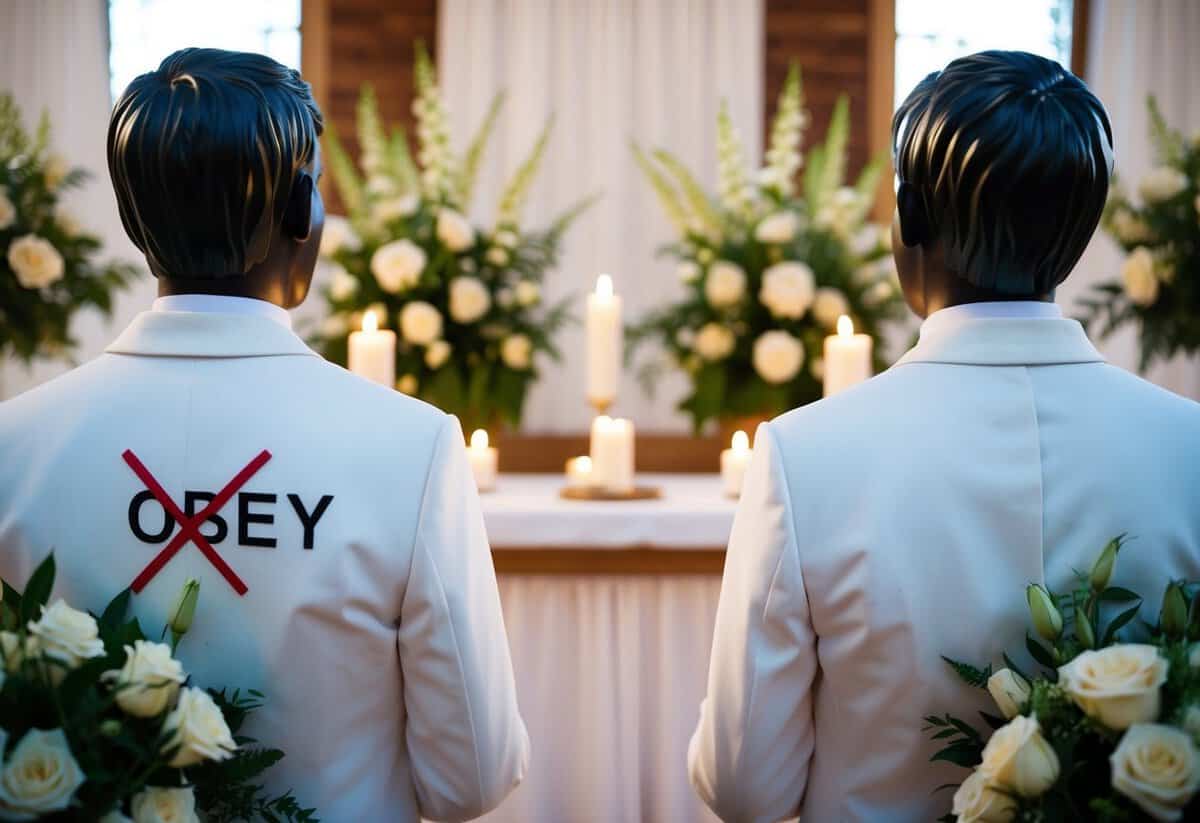 A wedding altar with two figures facing each other, surrounded by flowers and candles. The word "obey" has been crossed out in the wedding vows