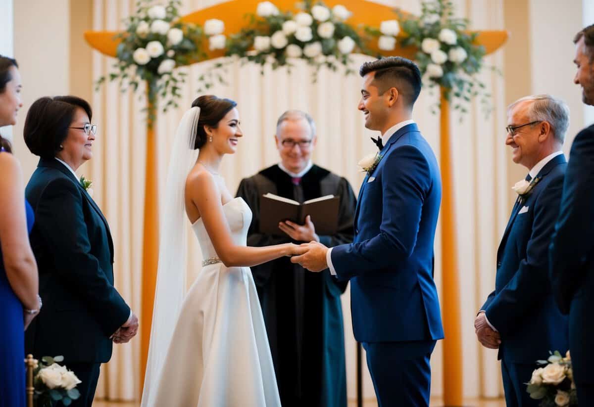 A figure in a formal attire stands before an officiant, exchanging vows in front of witnesses and a ceremonial backdrop