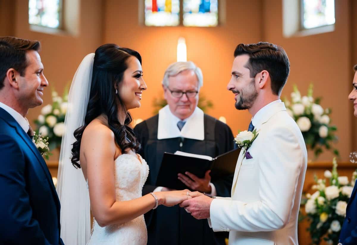 A man and woman stand facing each other at the altar, ready to exchange vows. The officiant holds the wedding bands, waiting for the couple to say "I do."