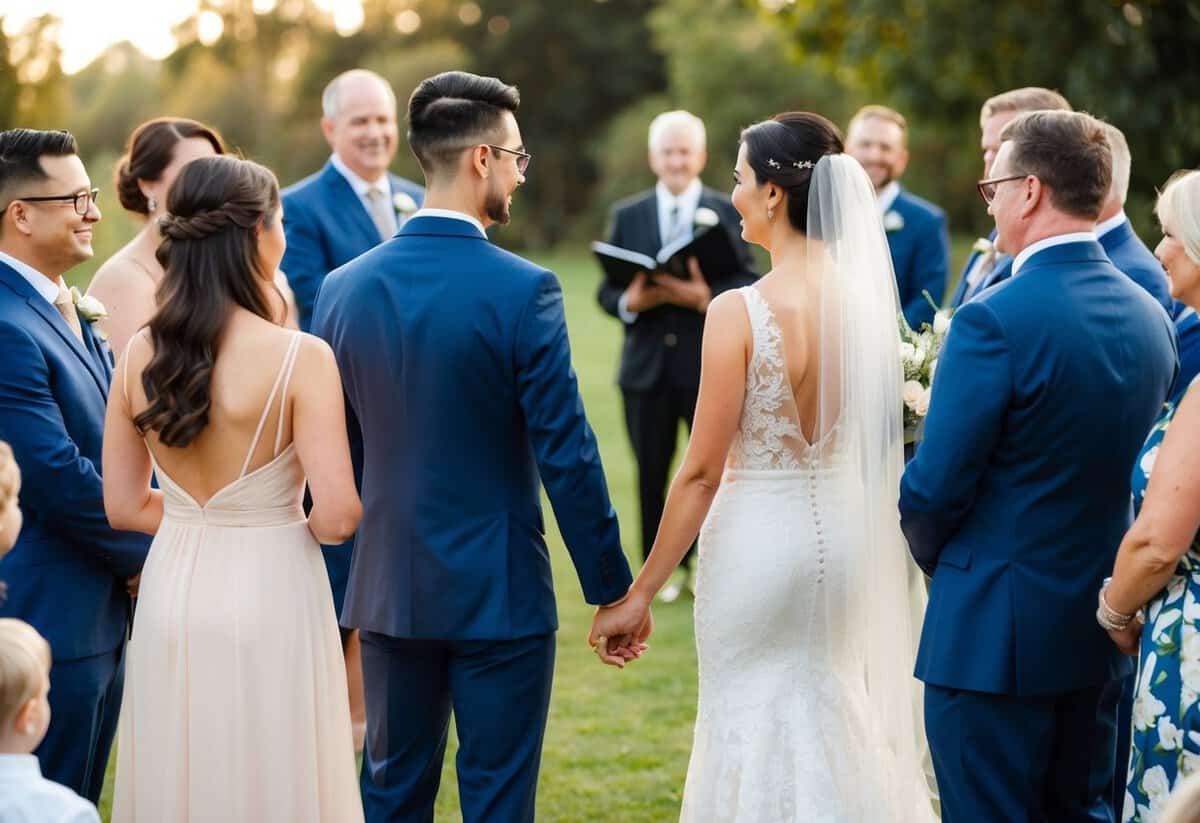 A couple stands facing each other, surrounded by family and friends. The officiant asks, "Do you take this person to be your lawfully wedded spouse?"