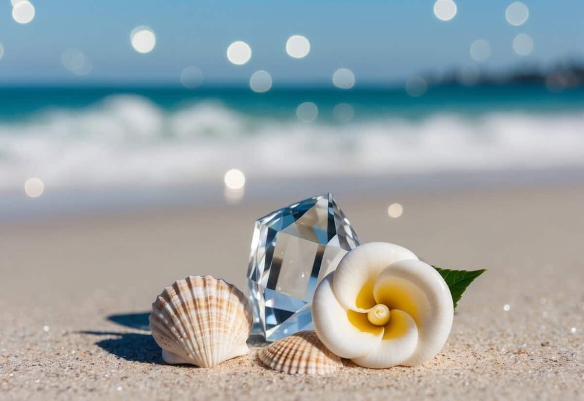 A serene beach with two intertwined seashells, a sparkling crystal, and a blooming camellia, symbolizing the 7 C's of marriage: commitment, communication, compromise, connection, compassion, companionship, and celebration