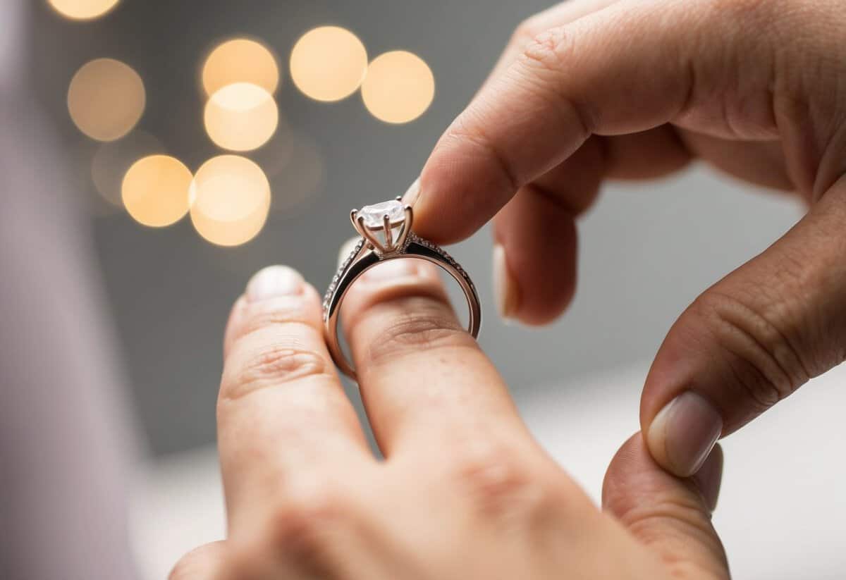 A wedding ring being slipped onto a finger, with a sense of mutual agreement and commitment