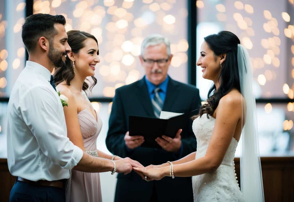 A couple stands before an officiant, exchanging vows as they remove the word "obey" from their wedding vows