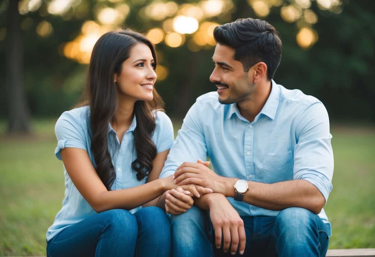 A couple sitting together, holding hands, with a look of understanding and empathy in their eyes