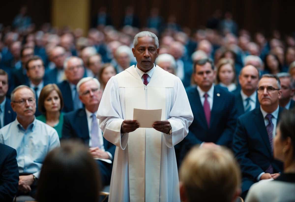 A figure stands at the center of a gathering, holding a piece of paper and speaking with solemnity. The audience listens attentively
