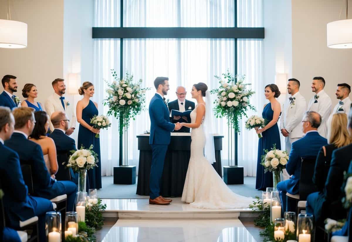 A couple standing at the altar, exchanging vows with modern adaptations, surrounded by contemporary decor and technology