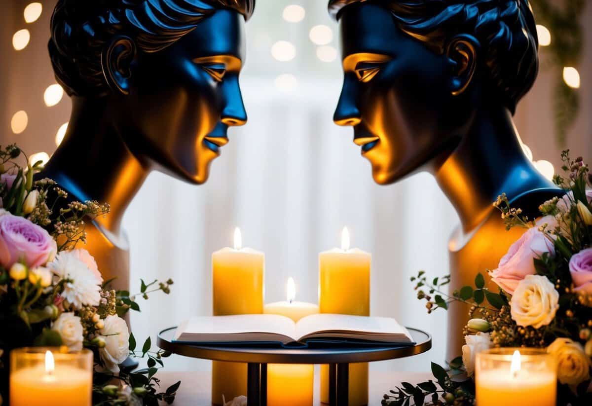 Two figures face each other, surrounded by flowers and candles. A small table holds a book or paper for reading vows