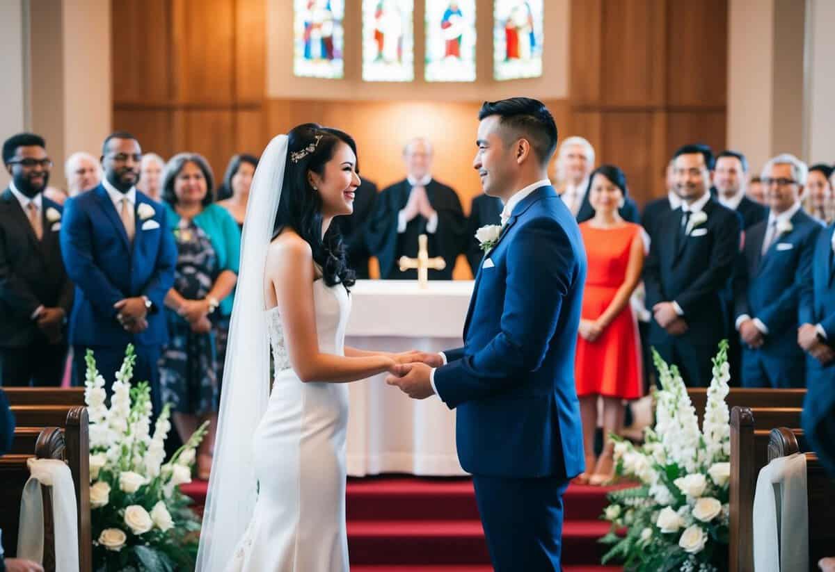 A couple standing at an altar, exchanging solemn vows as a crowd looks on, reflecting diverse cultural backgrounds