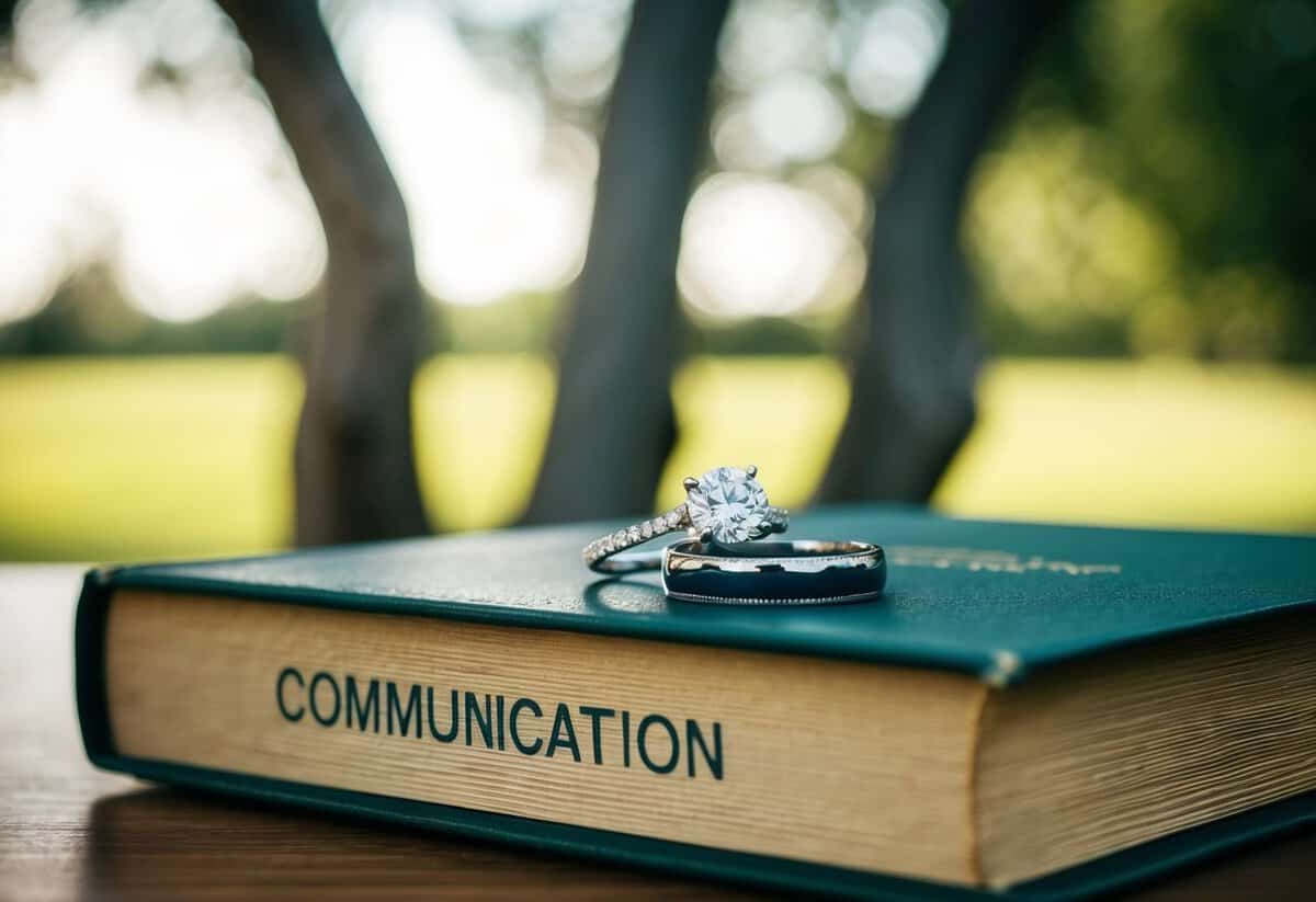 A wedding ring resting on a book titled "Communication" beside two intertwined trees