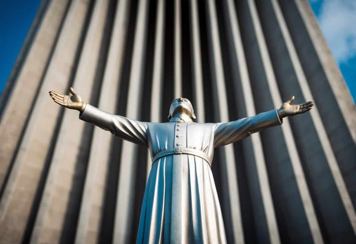 A figure standing before a towering structure, head bowed, arms outstretched in a gesture of reverence and submission