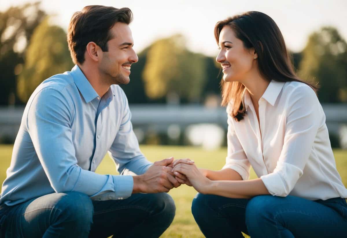 A couple sitting face to face, holding hands, with open body language and engaged expressions, demonstrating active listening and mutual respect