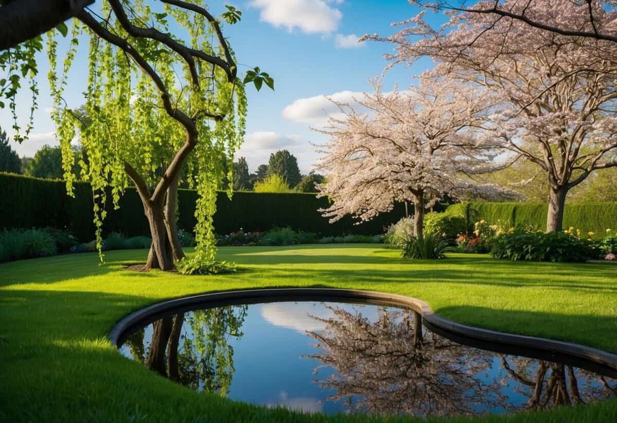 A serene garden with two intertwined vines, a blooming tree, and a peaceful pond reflecting the sky