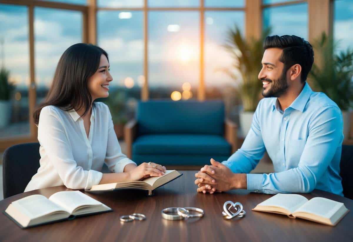 A couple sitting across from each other, smiling and engaged in conversation, surrounded by symbols of trust and communication - such as open books, a heart-shaped puzzle, and intertwined rings