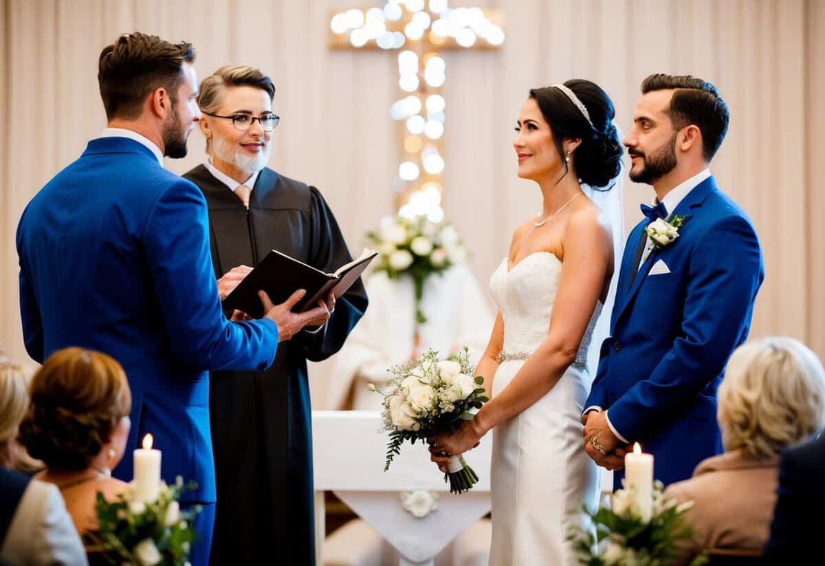 A bride and groom stand at the altar, facing each other. The officiant holds a book of vows, while the couple looks at each other with anticipation