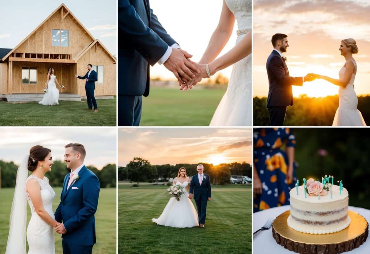 A wedding ring being exchanged, a house being built, a couple holding hands, a family photo being taken, a cake being cut, and a sunset being watched