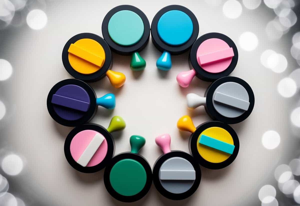 Seven pairs of objects arranged in a circular pattern, with each pair representing a different concept or theme