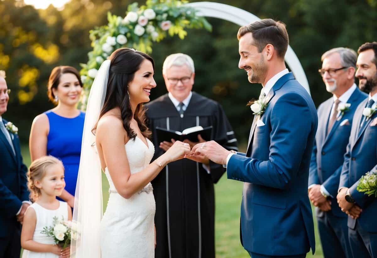 A couple exchanging rings, standing before an officiant, surrounded by family and friends, with a wedding arch in the background