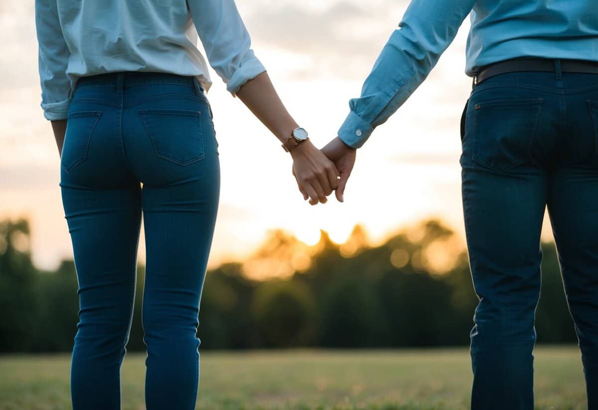 A couple standing side by side, facing forward, with their arms around each other's waists, symbolizing unity and partnership