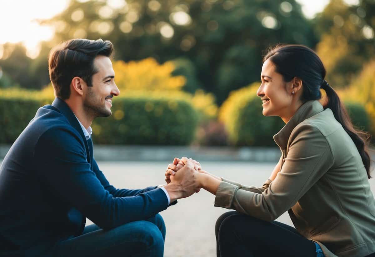 A couple sitting together, facing each other, holding hands, with a warm and loving expression on their faces