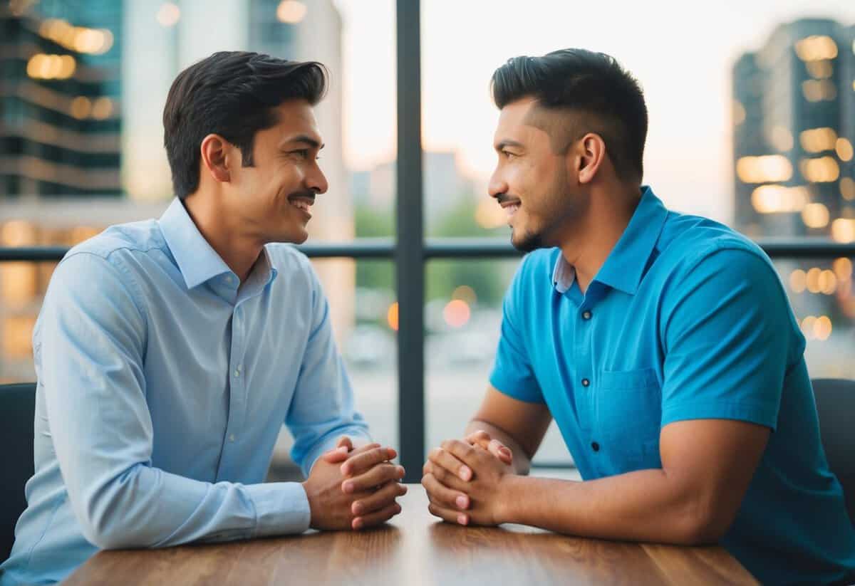 A couple sitting across from each other, listening and empathizing with one another's perspective, showing mutual respect and understanding