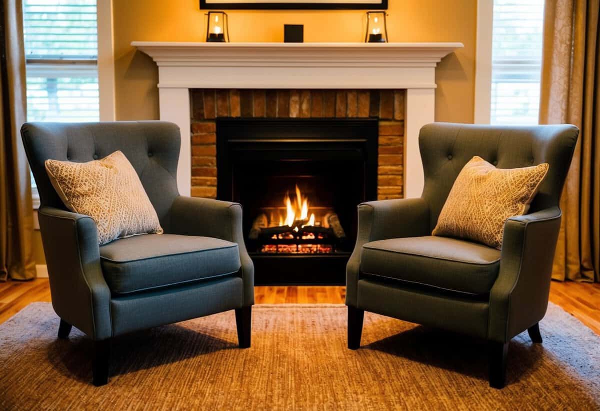 A cozy living room with two empty chairs facing each other, a crackling fireplace, and warm lighting