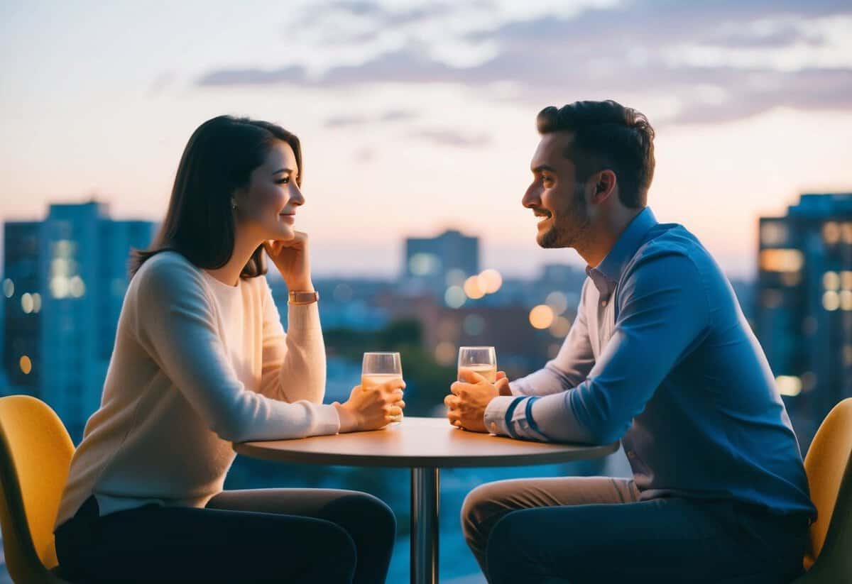 A couple sitting across from each other, attentively listening and empathizing with each other's feelings and needs