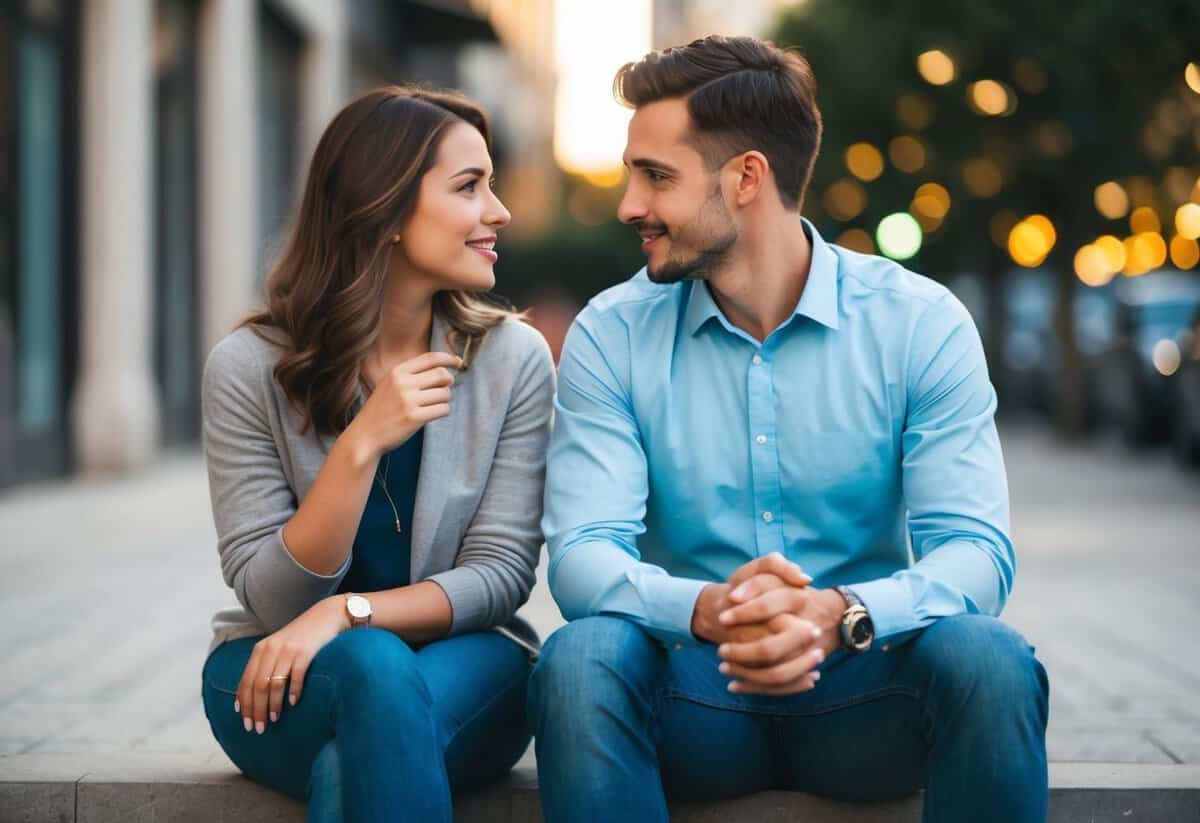 A couple sitting closely, facing each other, engaging in deep conversation with attentive, open body language