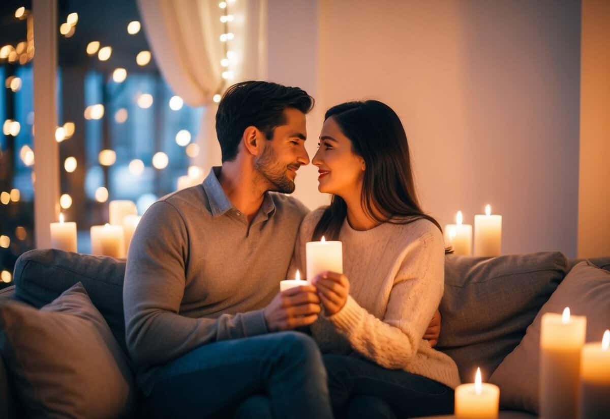 A couple sitting together on a cozy couch, surrounded by soft candlelight, sharing a warm embrace as they gaze into each other's eyes
