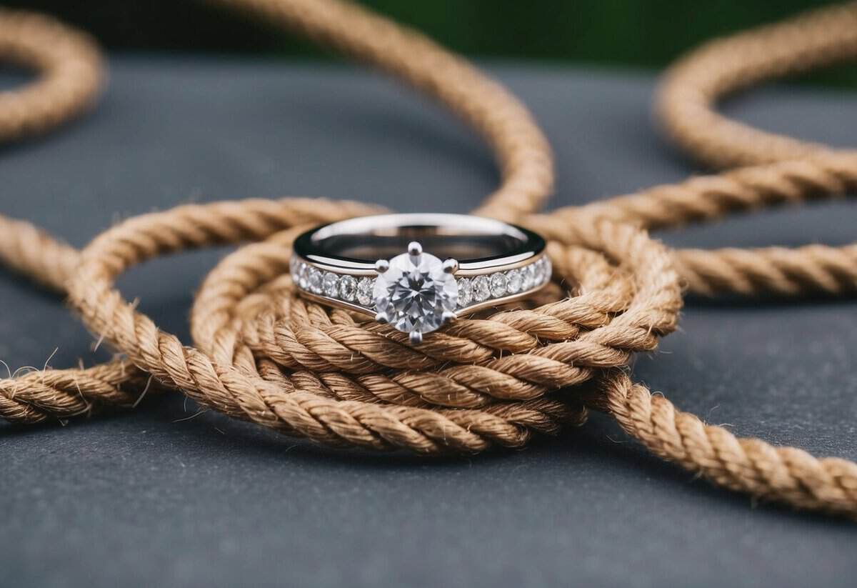A wedding ring surrounded by seven intertwined strands of rope, symbolizing the principles of successful marriage