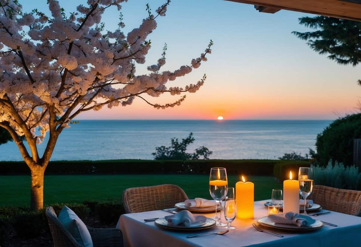 A serene garden with a blooming cherry blossom tree, a sparkling diamond ring, a cozy candlelit dinner, and a peaceful sunset over a calm ocean