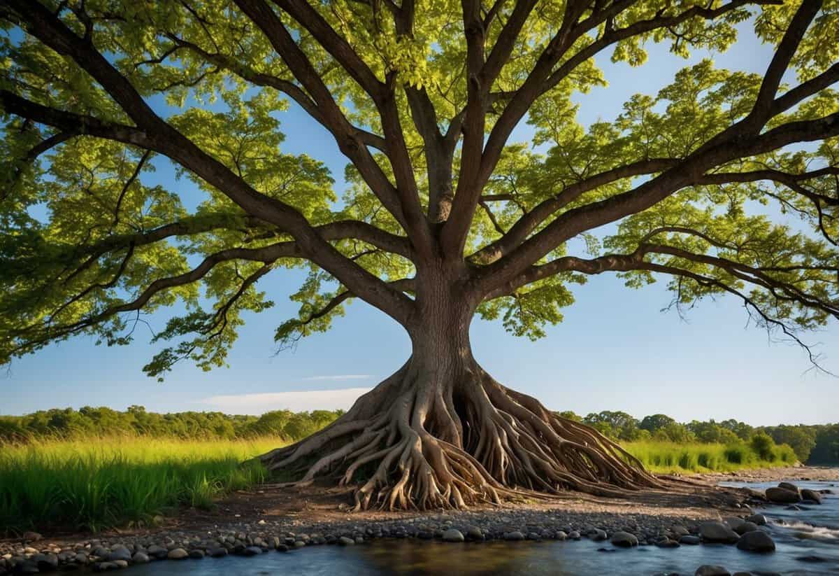 A tree with strong roots and vibrant foliage, supported by a gentle stream flowing beneath