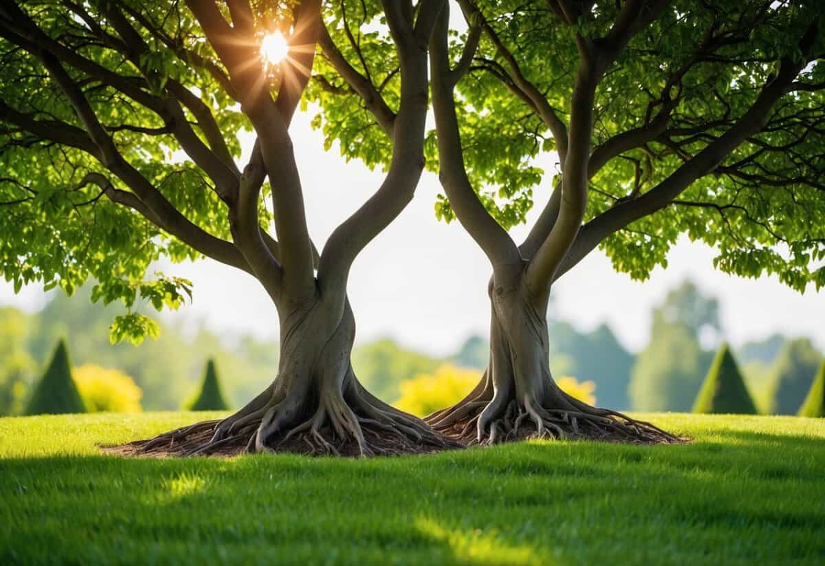 A serene garden with two intertwining trees, their roots firmly grounded and their branches reaching towards the sky, symbolizing a healthy and harmonious marriage