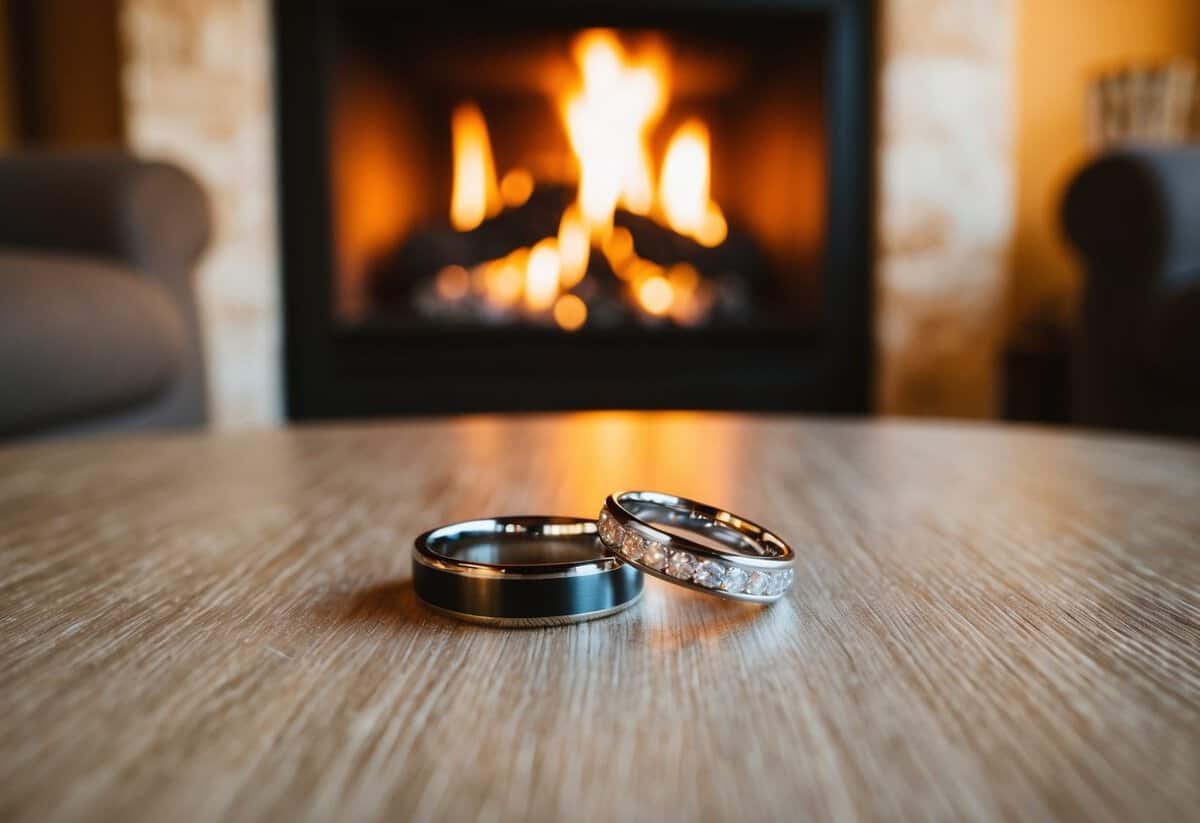 A cozy living room with two intertwined wedding rings on a table, surrounded by a warm glow from a crackling fireplace