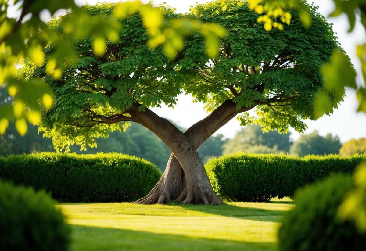 A serene garden with two trees intertwined, symbolizing harmony and balance in a relationship