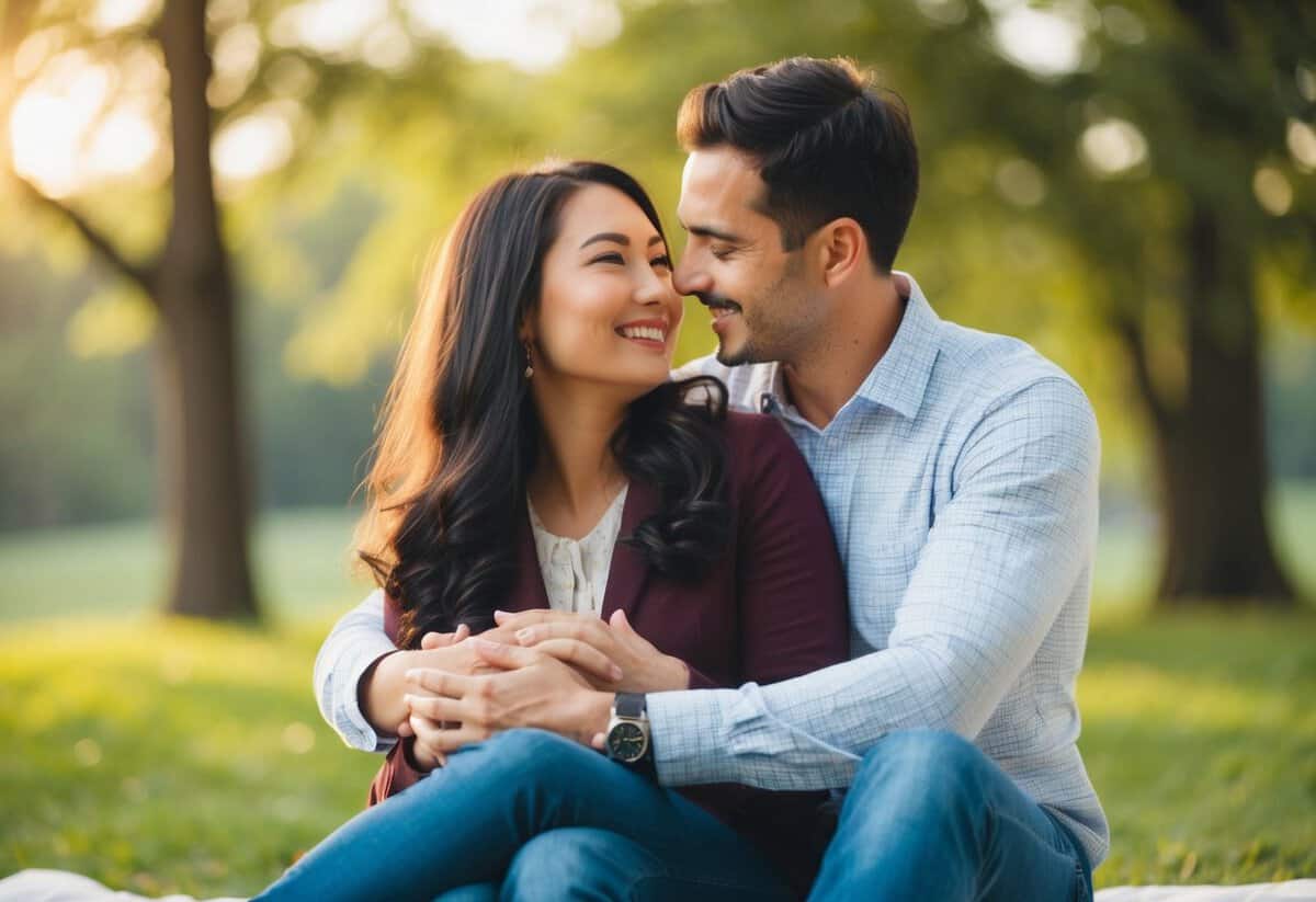 A couple sitting together, sharing a warm embrace, surrounded by a peaceful and harmonious environment, with a sense of trust and understanding evident in their body language