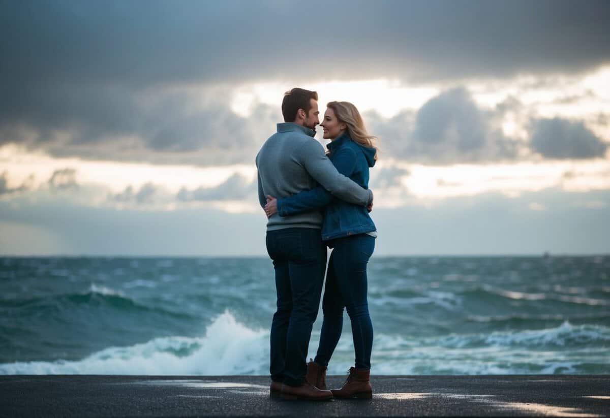 A couple standing side by side, facing a stormy sea. They are holding onto each other, supporting and comforting one another as they weather the challenges together