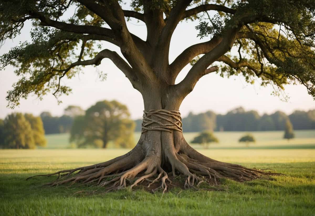 A sturdy oak tree with intertwined roots and branches, symbolizing the unbreakable bond and support in marriage