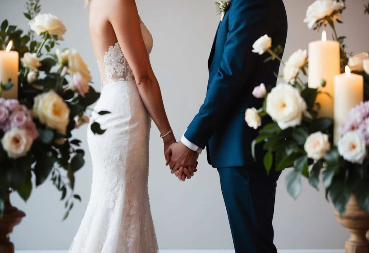 A couple standing facing each other, surrounded by flowers and candles, exchanging vows