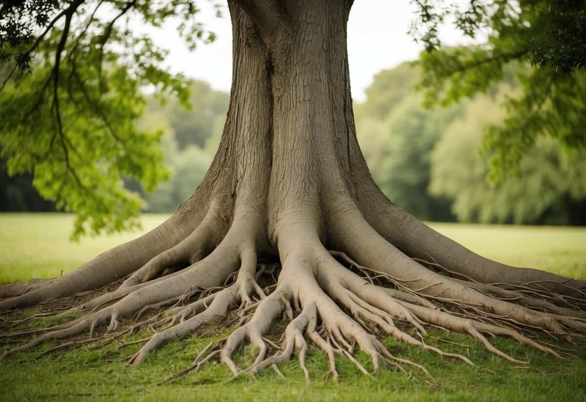 A sturdy oak tree with intertwined roots, symbolizing the unbreakable bond and support in marriage