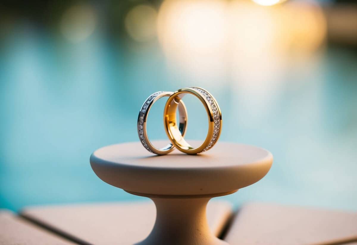 A serene outdoor setting with two intertwined rings placed on a simple, elegant pedestal