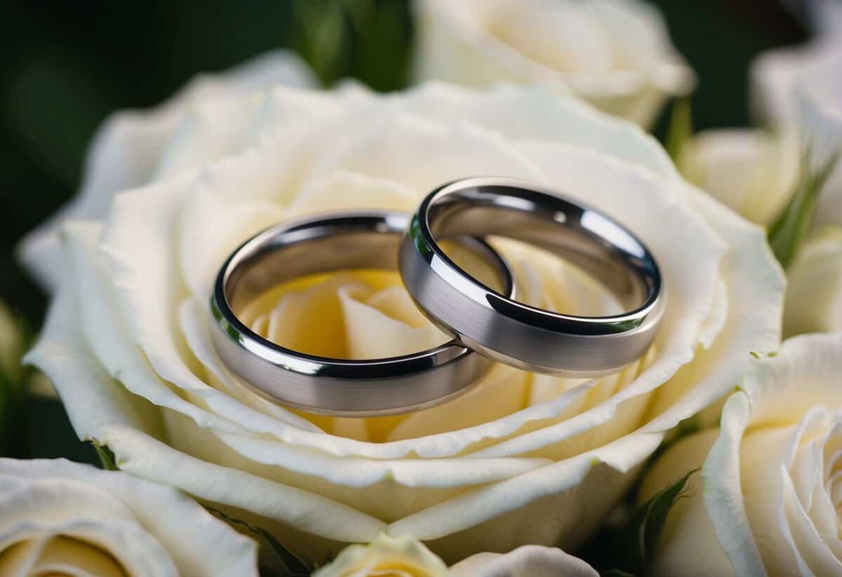 A pair of interlocking wedding rings resting on a bed of white roses, symbolizing the eternal commitment of marriage vows