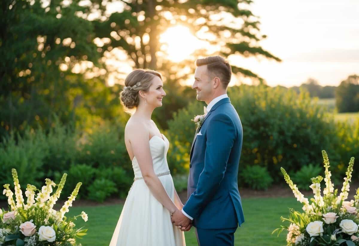 A bride and groom stand facing each other, surrounded by flowers and greenery. The sun is setting, casting a warm glow over the scene