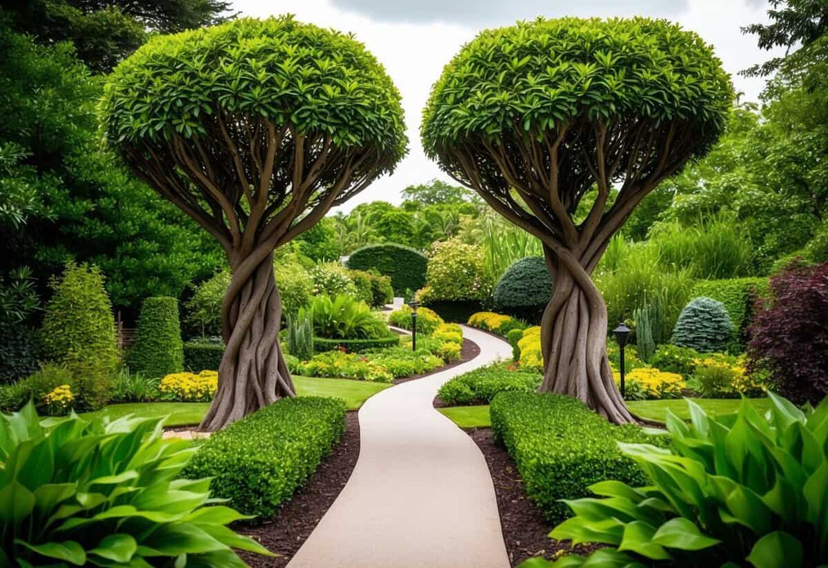 A winding path through a lush garden, with two intertwined trees standing tall and strong, symbolizing the unbreakable bond of marriage