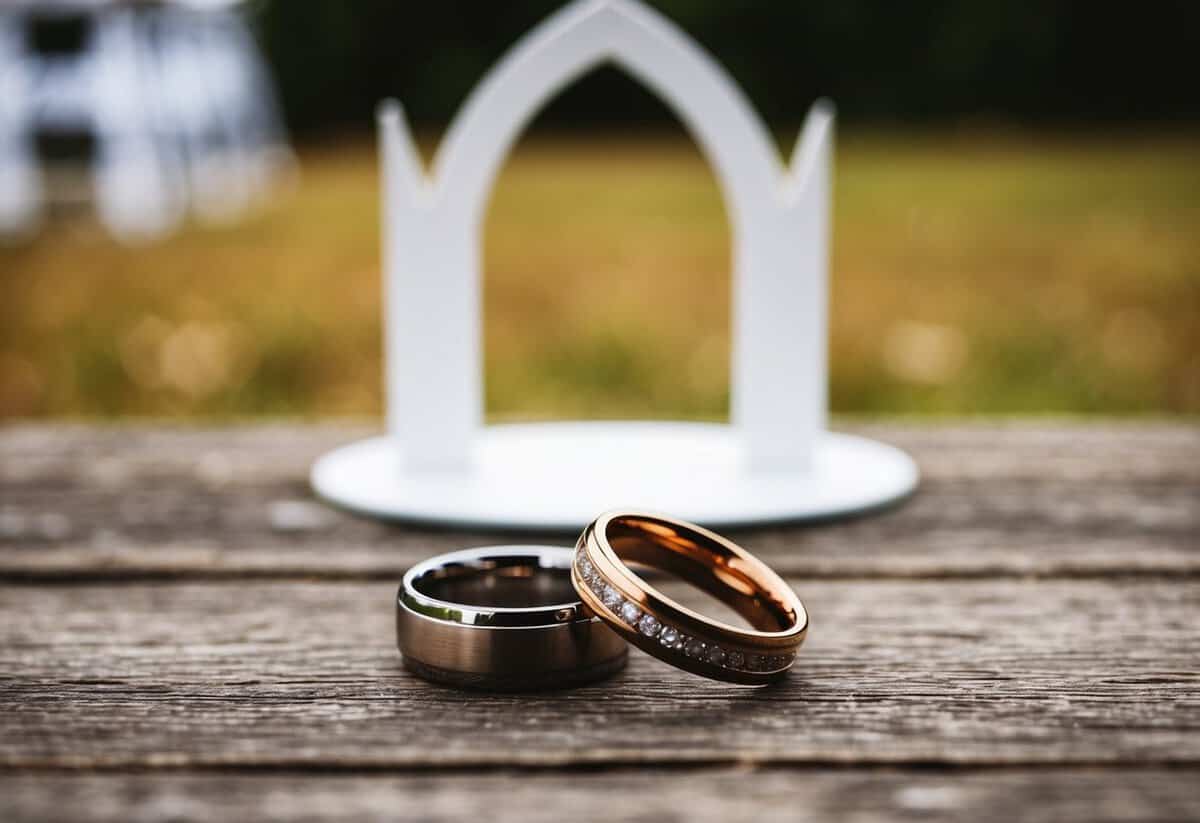 A rustic wedding setting with two intertwined rings and a ceremonial archway