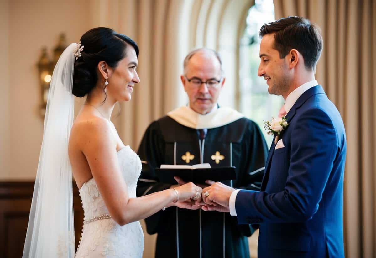 A bride and groom standing before an officiant, exchanging rings and making solemn promises to each other